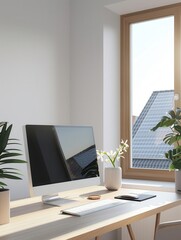 Minimalist home office desk with computer, plants, and window with natural light.