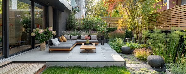 Fototapeta premium A modern garden terrace with container gardens, modular furniture, and a mix of herbs, flowers, and decorative grasses.