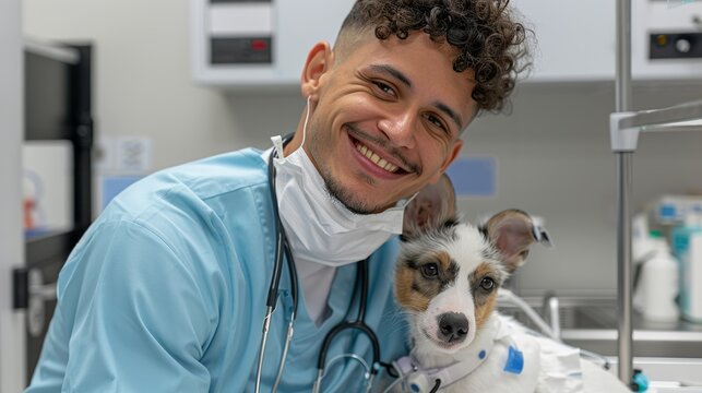 Happy veterinarian in scrubs caring for an animal in a clinic. Diverse veterinary team providing expert care and compassion in a friendly and supportive environment. Portrait, Realistic Photo, High