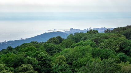 view of the Caucasus mountains and the sea in the vicinity of Sochi