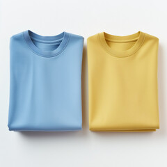 Two neatly folded cotton T-shirts, sky blue and lemon yellow, on a clean white background, showcasing simplicity and neatness."
