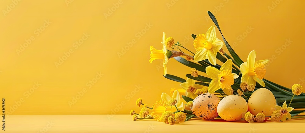 Aufkleber Easter-themed arrangement featuring bright yellow daffodils and eggs set against a yellow backdrop with ample copy space image.