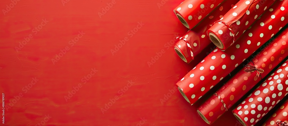 Poster wrapping paper rolls on red background shown from a top view in a copy space image.