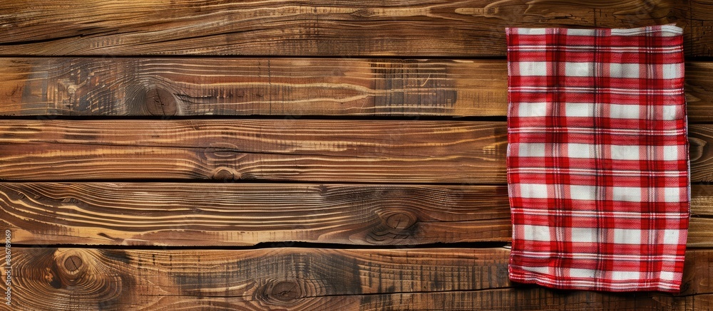 Poster wooden table topped with a red checkered napkin or tablecloth, offering copy space for your personal