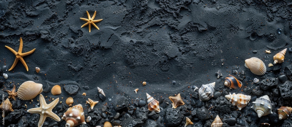 Poster scenic beach scene with dark volcanic sand featuring seashells and starfish, perfect as a background