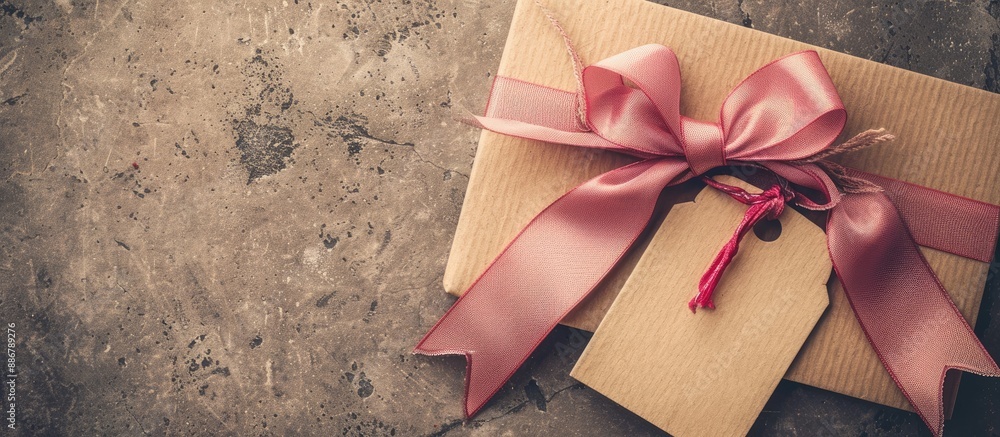 Aufkleber greeting card with handmade ribbon, bow, and blank tag on kraft paper background for a copy space im