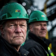 Close-up portrait of a construction worker wearing a green hard hat.