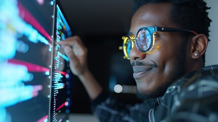 Content software developer coding on a computer and collaborating with a team. Diverse tech professionals working on innovative projects and celebrating success with smiles. Portrait, Realistic