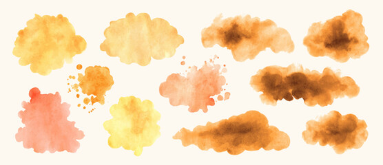 Watercolor blobs, backgrounds, textures. Warm autumn colors. Orange, yellow, golden, brown shades. Soft colorful gradients, washes.