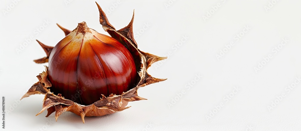 Poster A chestnut with an open shell in a close-up shot, set against a white background for a copy space image.