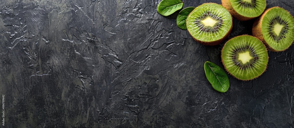 Poster Kiwi fruits displayed on the black kitchen table from a top view with a copy space image.
