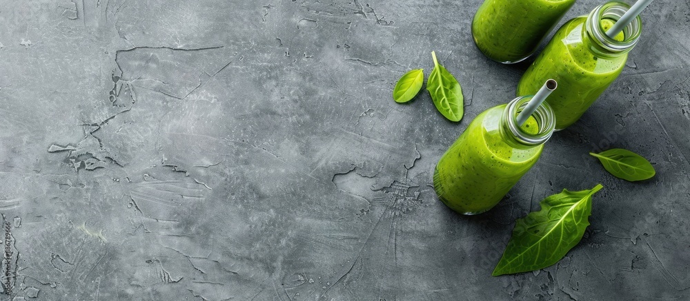 Poster Green smoothie with a metal straw in small bottles creating a healthy lifestyle concept on a gray backdrop with ample copy space image.