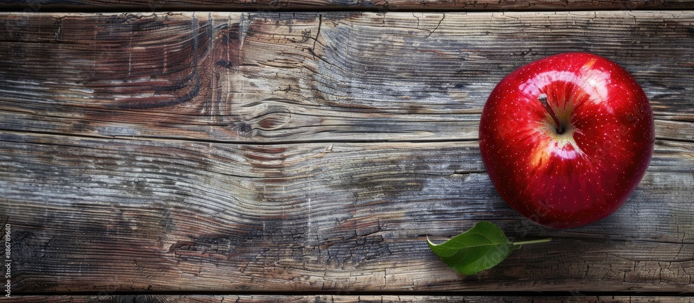 Poster Horizontal wooden background showcasing a ripe red apple with copy space image available.