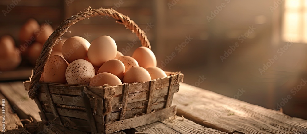 Poster eggs gathered in a wooden basket with a rustic background, creating a charming farm-inspired copy sp