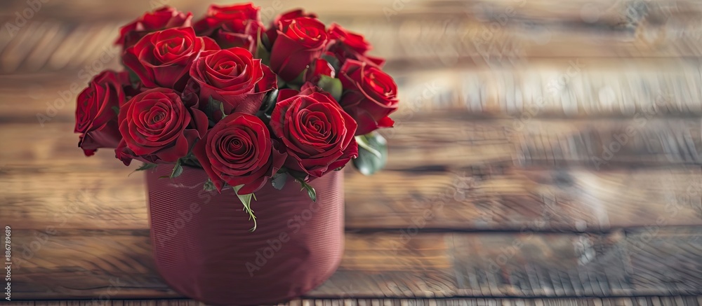 Poster red roses bouquet in a fabric box on a wooden surface with copy space image.