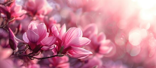 Fototapeta premium Beautiful blooming Magnolia Susan flowers with large pink petals in a spring garden setting. Selective focus enhances the nature theme of the copy space image.