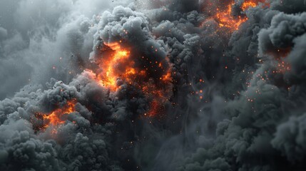 A powerful explosion emitting bright flames and sparks, surrounded by thick, billowing smoke clouds in a dramatic scene.
