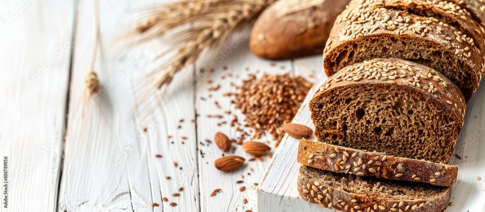 Poster rye bread with linseed on a white wooden table, providing an appealing backdrop for a copy space ima