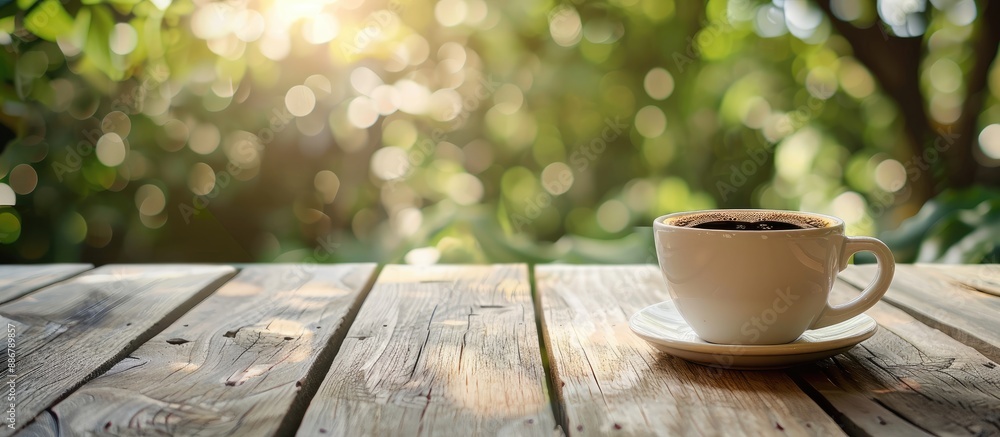 Aufkleber coffee in a white cup placed on a wooden table outdoors with empty space for adding images.