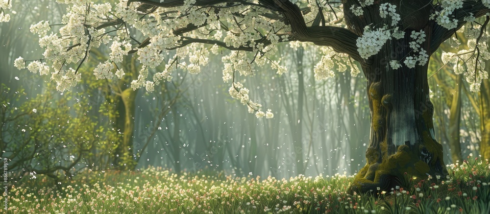 Poster in a windy spring forest, a bird cherry tree blooms, creating a picturesque scene with a copy space 