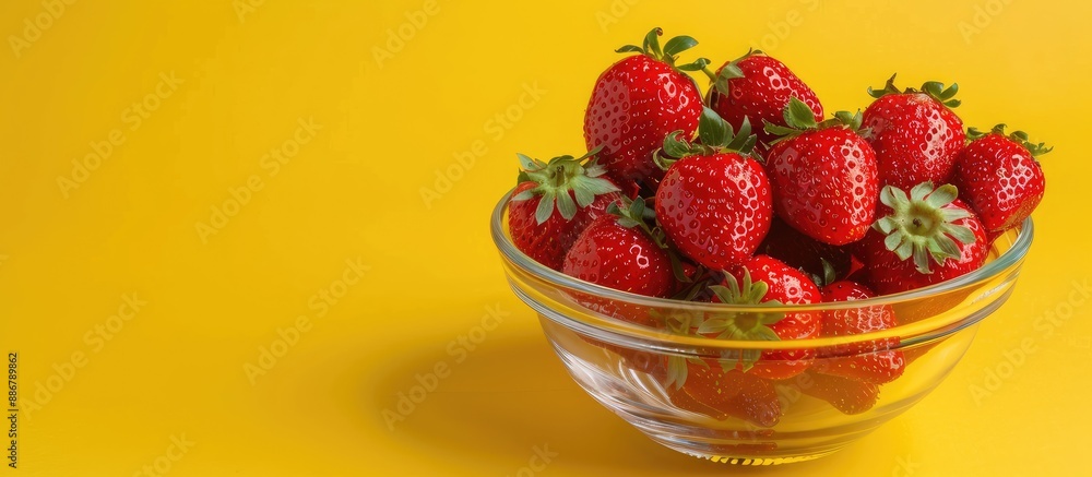 Poster Fresh ripe strawberries in a glass bowl on a yellow background with space for text, a copy space image isolated for layout and clipping.