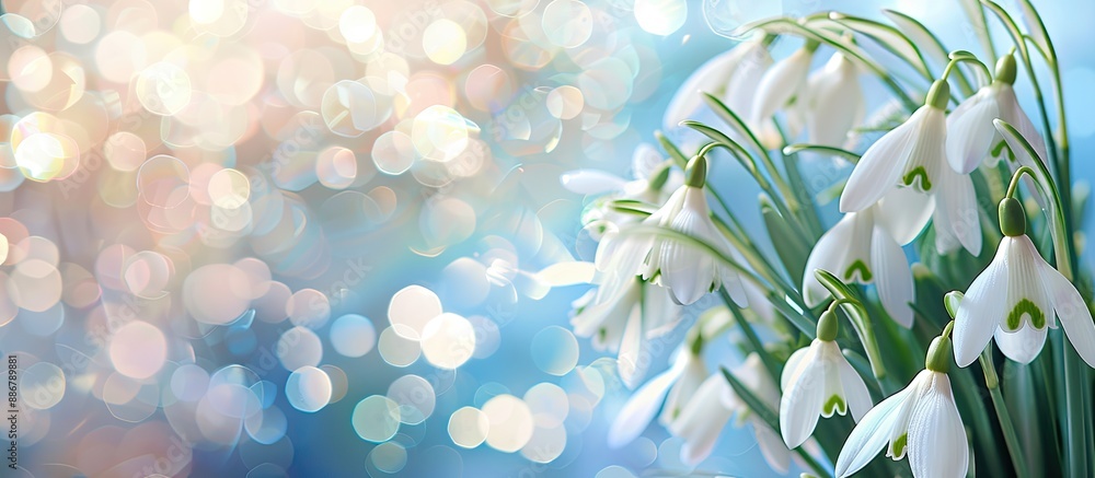 Poster snowdrops bouquet on a sparkling bokeh background with copy space image.