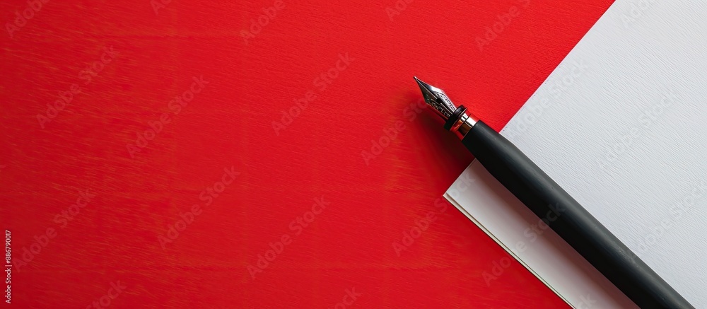 Leinwandbilder a white sheet with a pen for writing on a red backdrop with space for text or design.