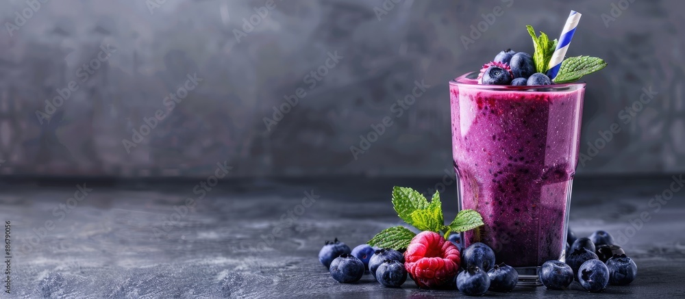 Poster Grey background with a blueberry smoothie in a glass, providing ample space for text in the image.