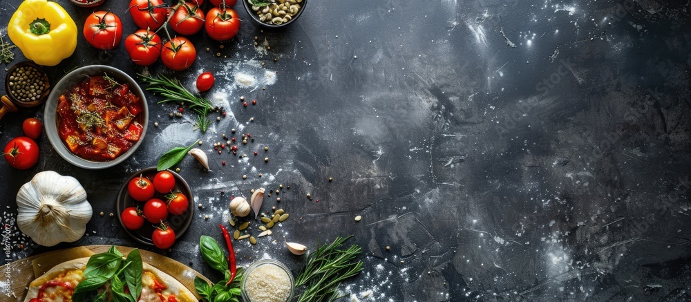 Poster grey table flat lay with pizza crust, fresh ingredients, and space for text in the image.