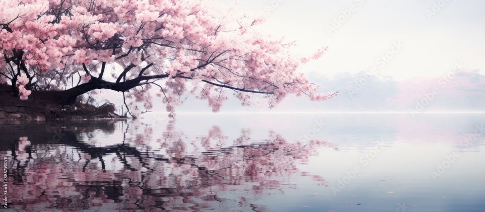 Aufkleber Photographing a serene Japanese cherry blossom scene with empty spaces for text or graphics in the picture (copy space image).