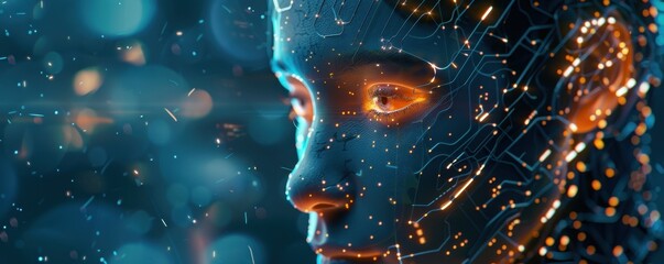 Futuristic close-up of a digital human face integrated with technology, glowing lines and circuits in an abstract tech background.