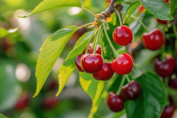 Cherry tree blooms with ripe red cherries on branches. Green leaves surround fruit clusters, creating depth in a garden setting. Blurred background highlights vibrant colors.