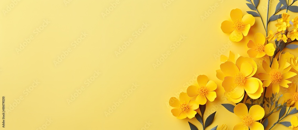 Poster paper background adorned with bright yellow spring flowers, ideal for copy space image.