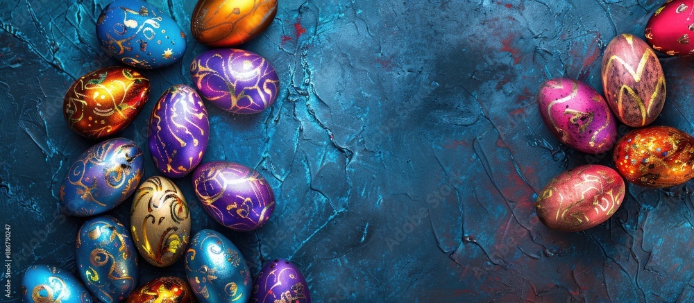 Poster Colorful Easter eggs in shiny foil arranged on a background with empty space for text or design, ideal for advertisements or festive themes.