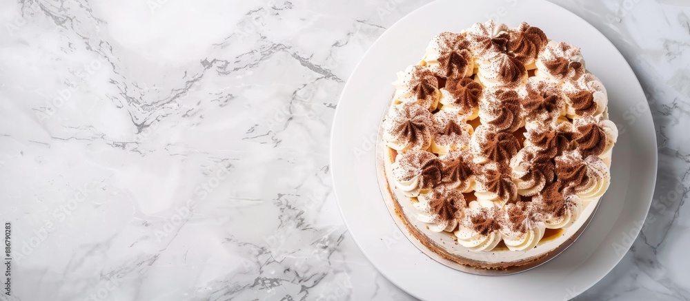 Poster homemade tiramisu cake dessert displayed on a white marble background with ample copy space image.