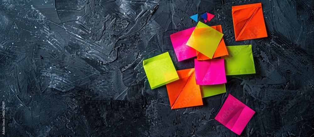 Poster vibrant stickers laid on a dark surface with ample copy space for text.