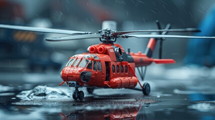 Naklejka premium Close-up of a red toy helicopter on a wet surface during rain, capturing details and reflections in a rainy setting. 