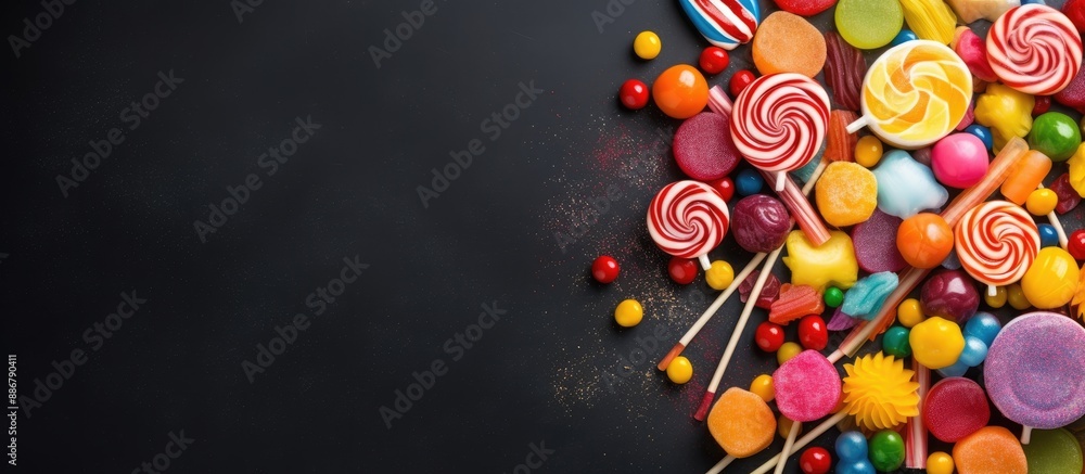 Poster A collection of vibrant candies arranged in a frame against a dark backdrop, with space for text or other elements in the image