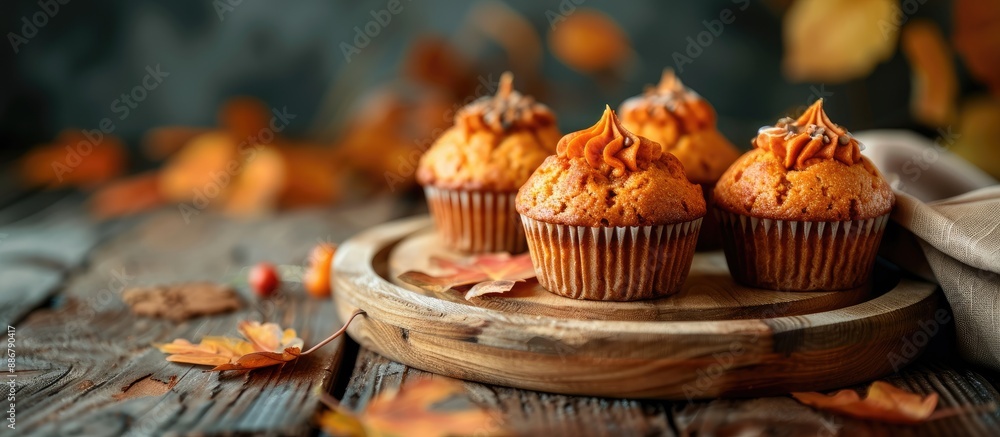 Poster autumn-themed bakery image featuring homemade muffins with simmered sweet potato dough and rustic pr