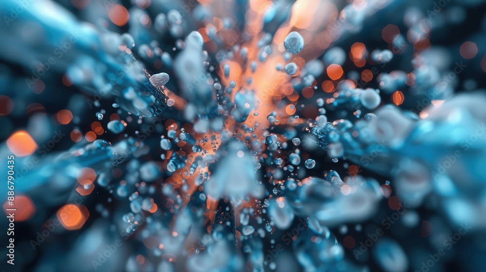 Poster abstract representation of dynamic blue and orange fluid particles appearing to be in motion, creati