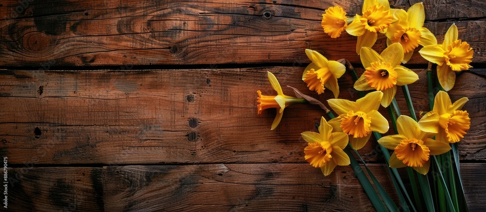 Poster fresh daffodils composition on wooden backdrop with copy space image.