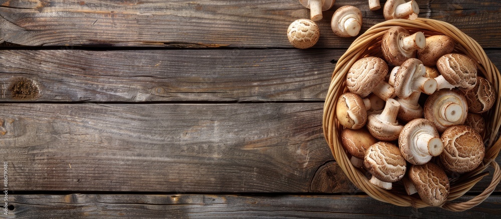 Poster top view of a basket filled with various mushrooms on a rustic wooden table, allowing for text place