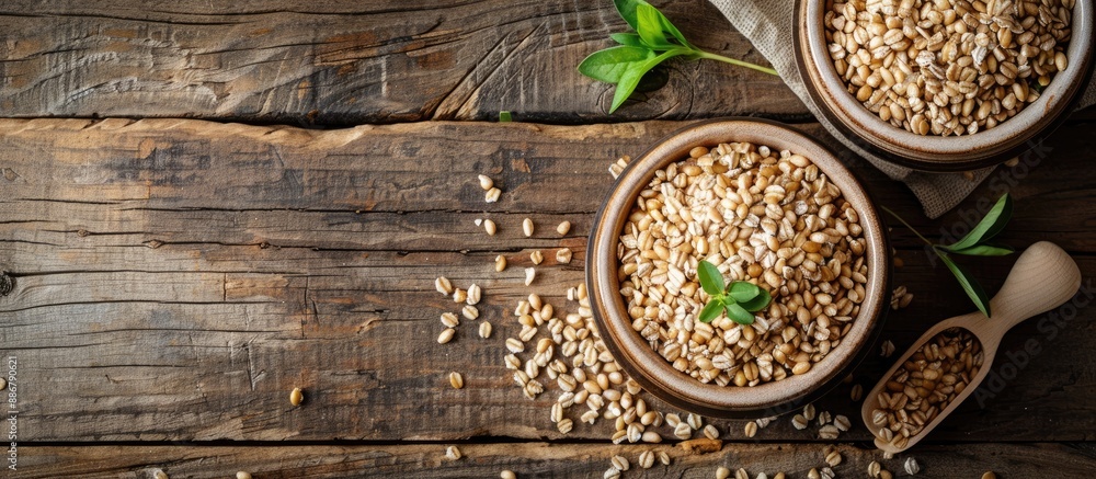 Poster wholegrain spelt farro bowls on a rustic wooden table with copy space image available.