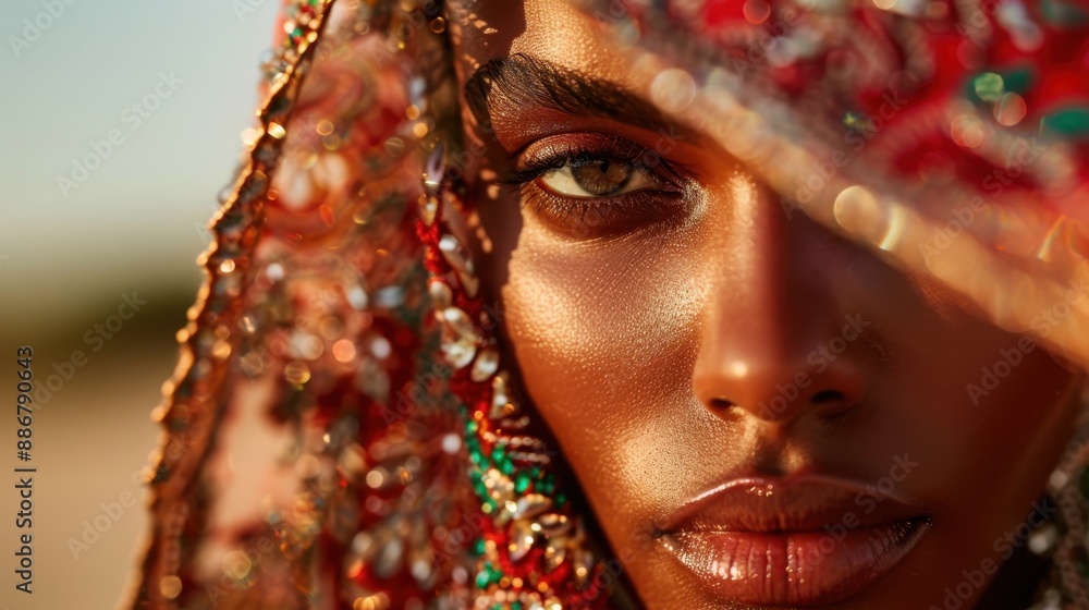 Poster this image showcases a close-up view of a vibrant textile adorned with intricate beadwork and shimme
