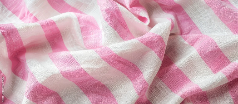 Aufkleber Close-up image of a pink and white striped cotton fabric texture, ideal as a background with copy space image for various applications like clothes or curtain design.