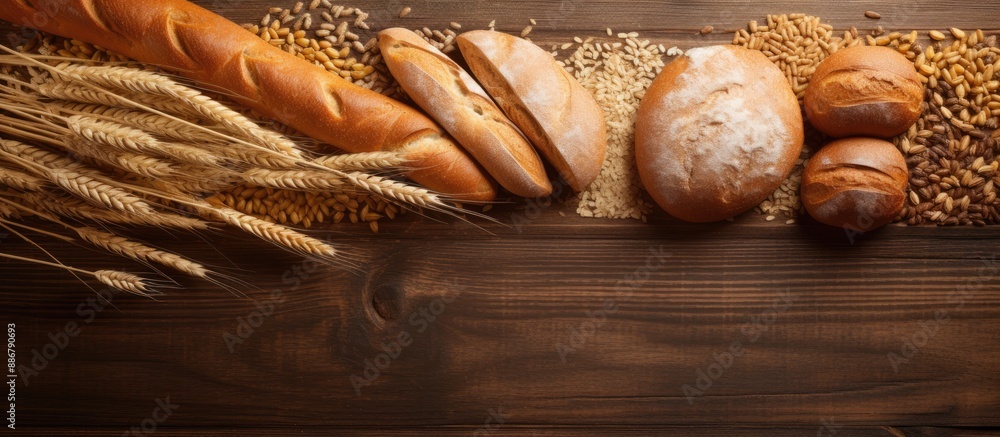 Aufkleber aerial perspective of assorted bread loaves and wheat ears with space for text or images.
