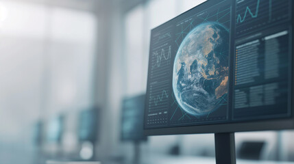 A computer monitor displays a globe with a blue screen