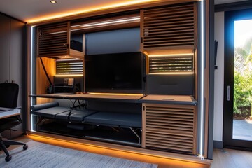 Modern, sleek Murphy bed with integrated TV and storage in a contemporary home.
