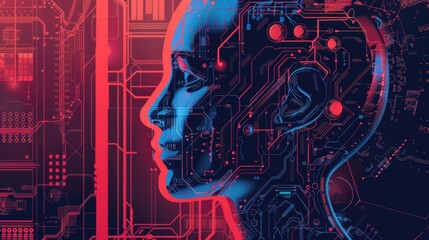 Futuristic digital rendering of a human profile integrated with electronic circuits and technology, representing artificial intelligence.