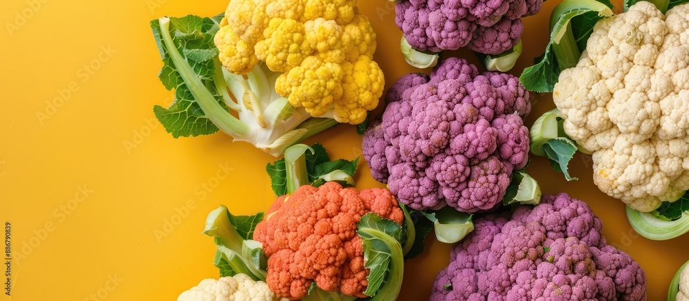 Poster Top view of colorful cauliflower in macro texture against a yellow background for an agricultural harvest theme with simulation for use as a copy space image.